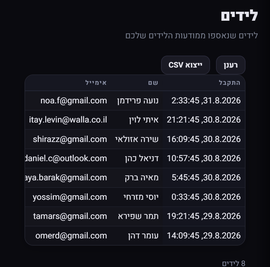 טבלת הלידים בטלפון: שם, אימייל וזמן